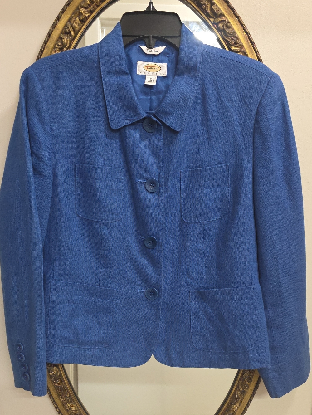 Talbots Irish Linen Cobalt Blue Button-Front Women's Blazer Sz 12P Wedding Guest